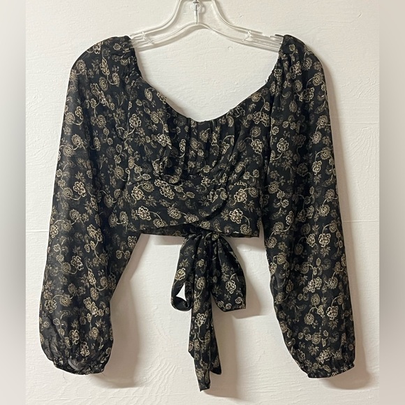 Japna Tops - Japna Dark Floral Women’s Crop Top Tie Back Long Sleeve Boho Festival Small.